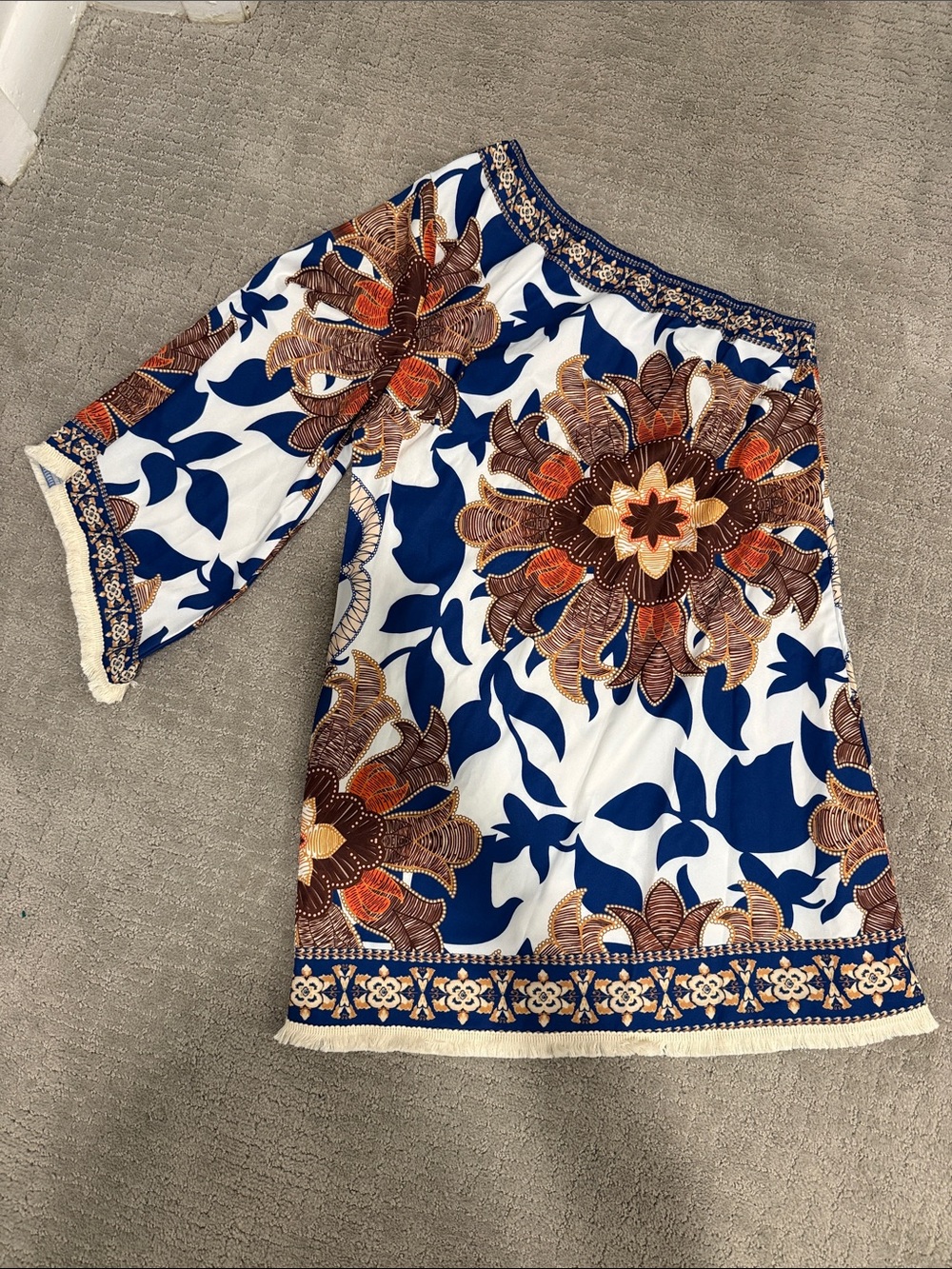 Floral Off-Shoulder Dress in Blue and Brown